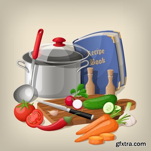 Collection of pan cookware with food 25 EPS