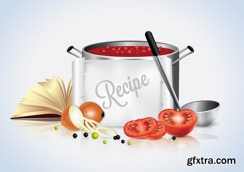 Collection of pan cookware with food 25 EPS