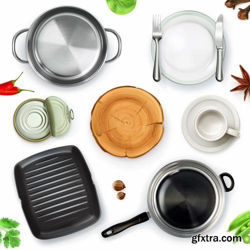 Collection of pan cookware with food 25 EPS