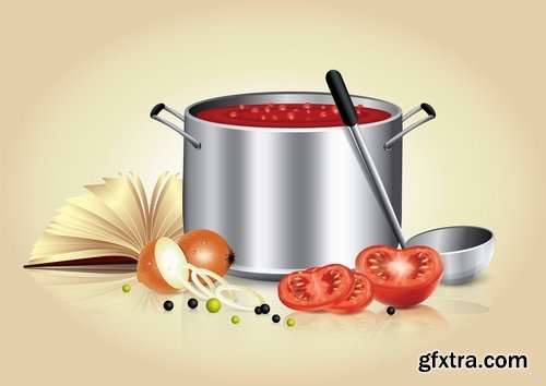 Collection of pan cookware with food 25 EPS