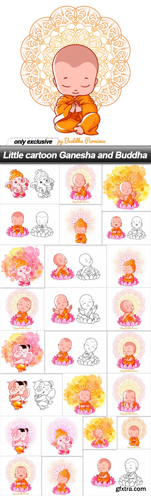 Little cartoon Ganesha and Buddha - 25 EPS