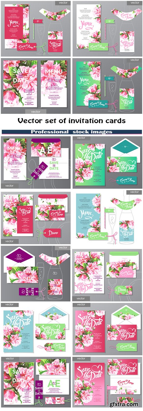 Vector set of invitation cards with illustration of flowers