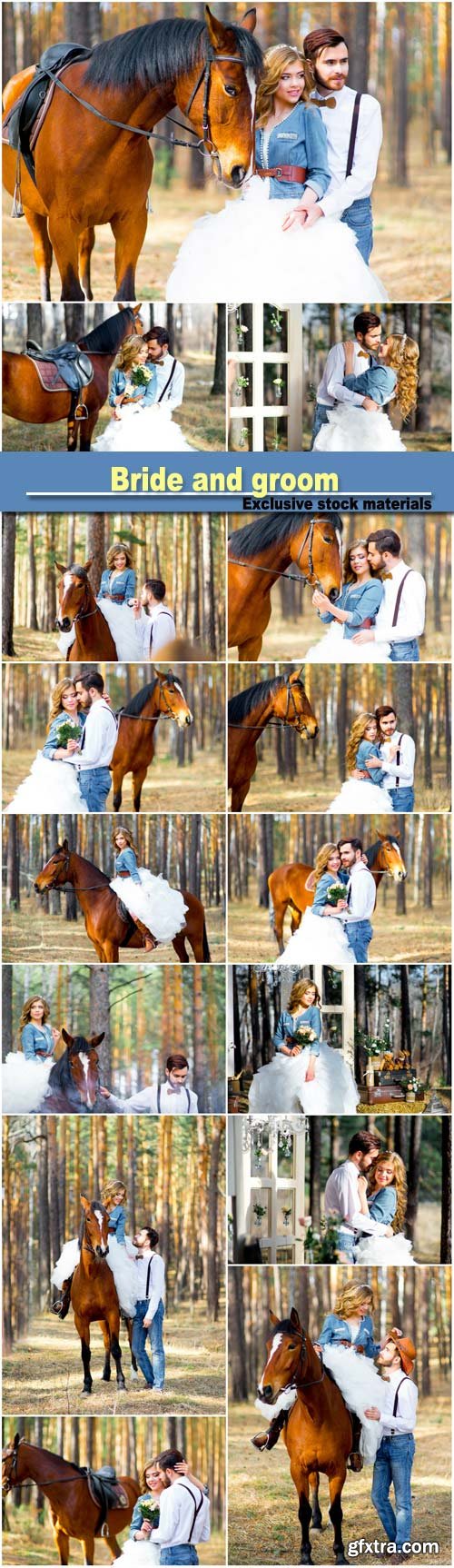 Bride and groom in forest with horses