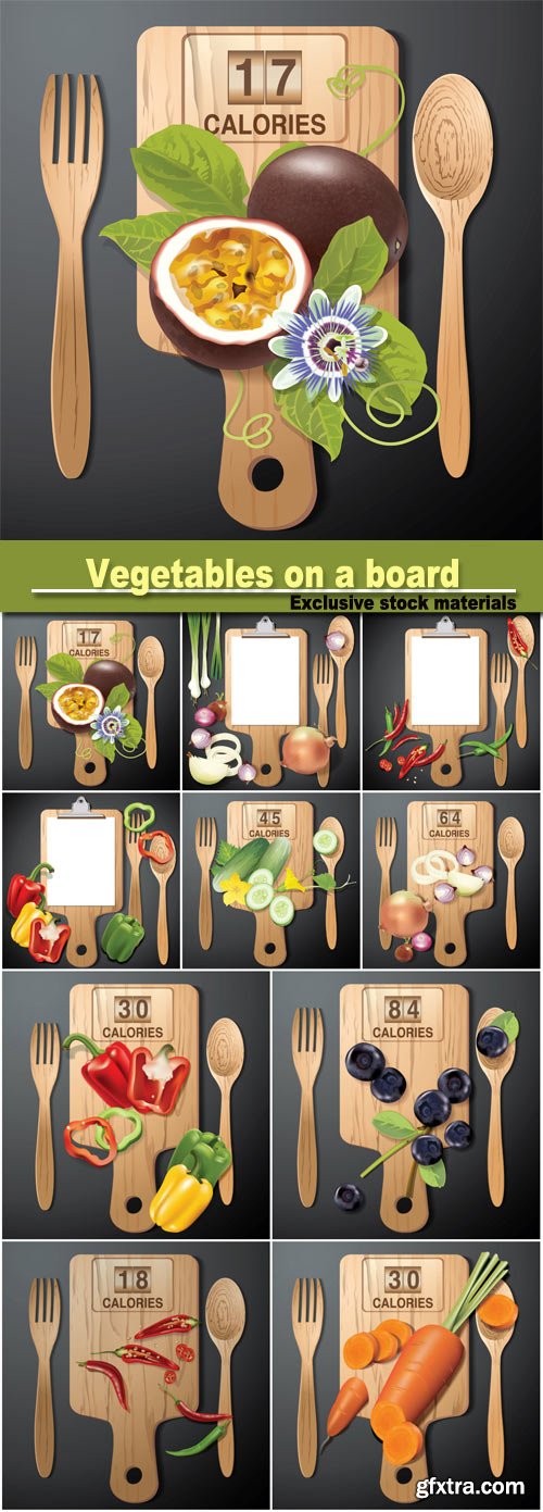 Vegetables on a wooden board, vector backgrounds