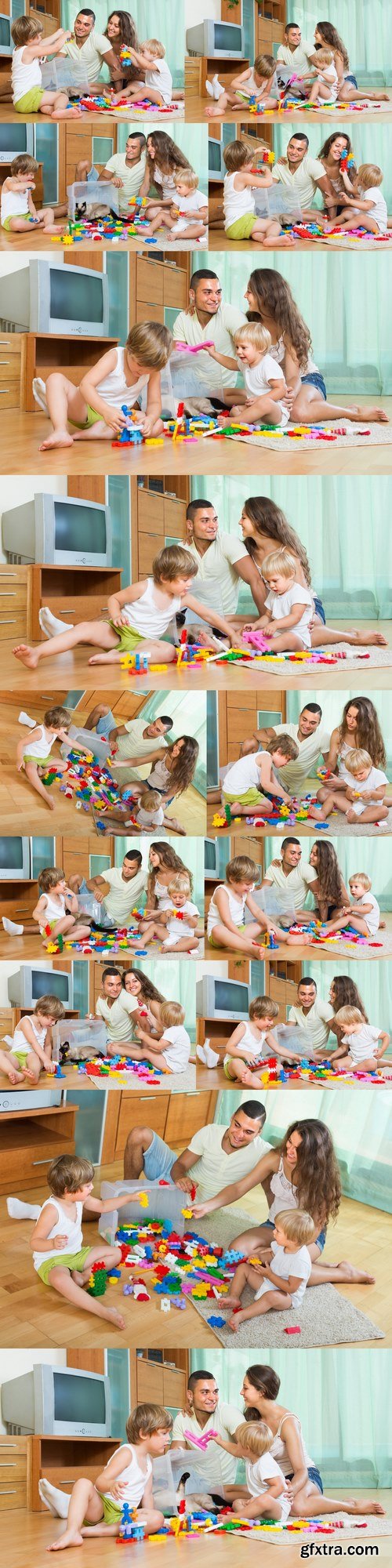 Family of four at home with toys