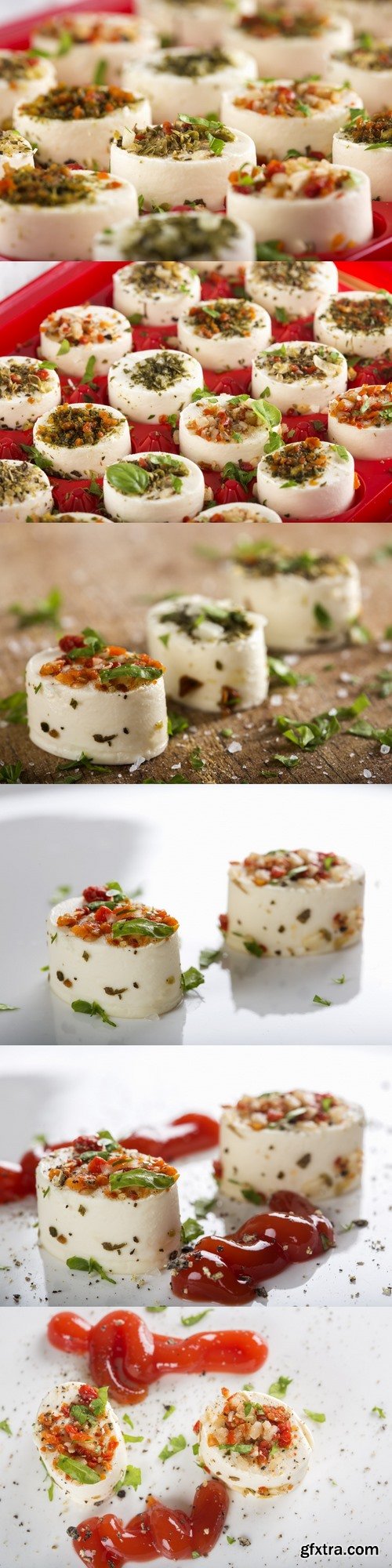 Appetizers with cheese and various ingredients