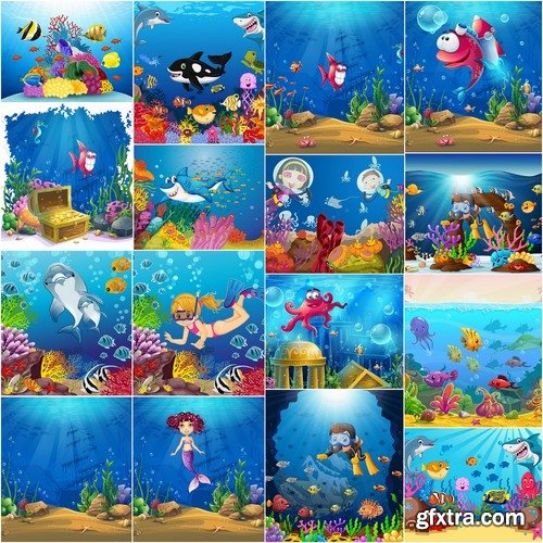 Collection underwater world illustration for the children's book literature fairy tale 25 EPS