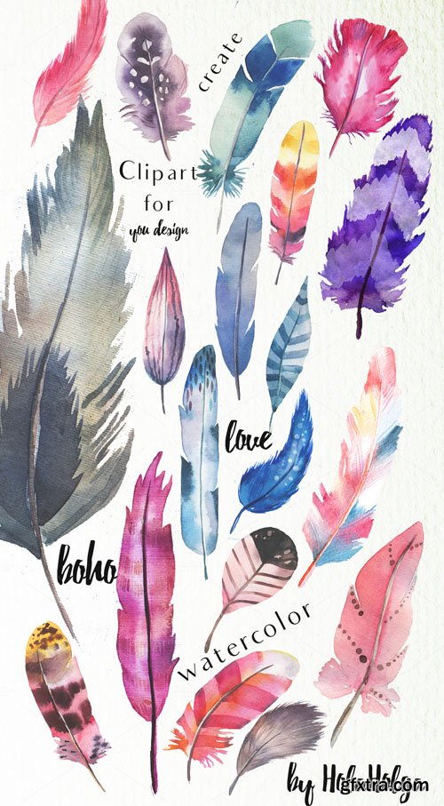 CreativeMarket - 70 watercolor feather PNG Files 728540