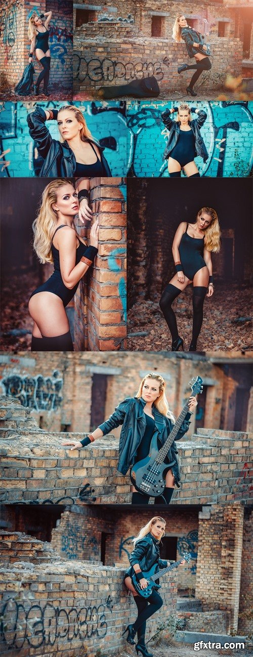 Beautiful young blond woman in a black bodysuit