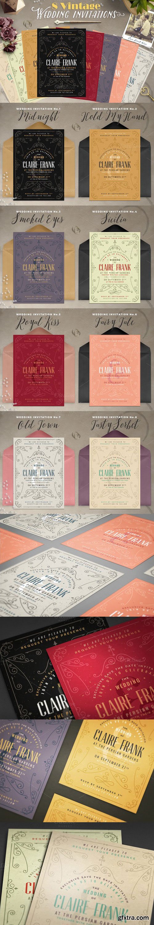 CM - 8 Vintage Deco Wedding Invites II 728564