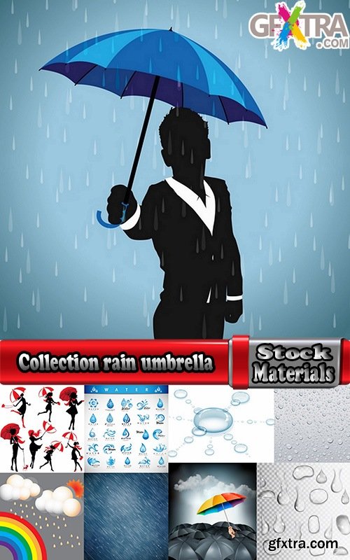 Collection rain umbrella drop of water on glass by bad weather 25 EPS