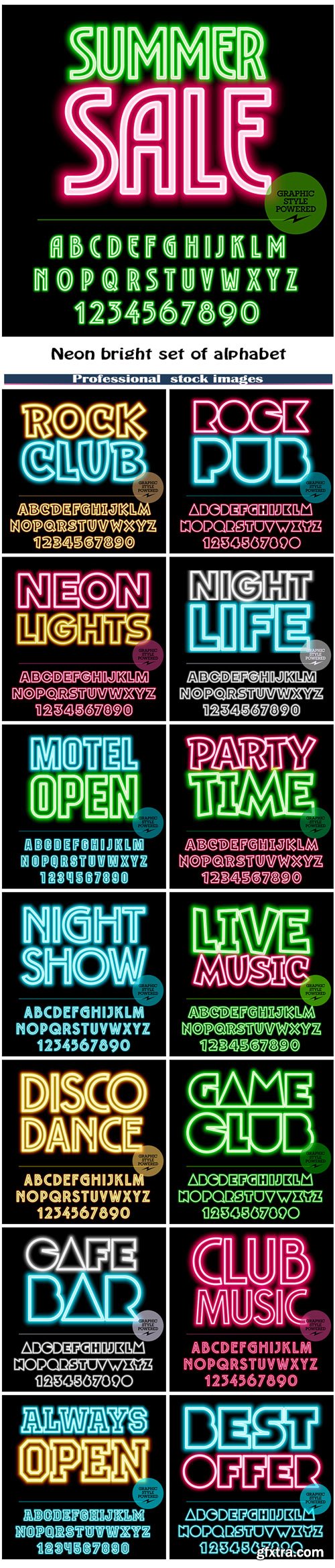 Neon bright set of alphabet letters, numbers and punctuation symbols