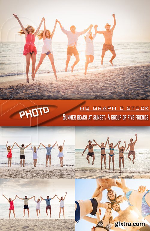 Stock Photo - Summer beach at sunset. A group of five friends