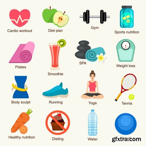 Fitness icons set, cartoon style 10X EPS