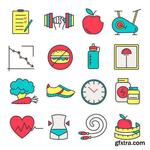 Fitness icons set, cartoon style 10X EPS