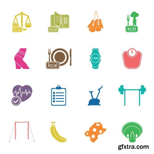 Fitness icons set, cartoon style 10X EPS