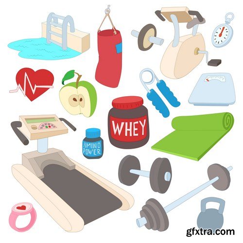 Fitness icons set, cartoon style 10X EPS