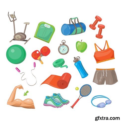 Fitness icons set, cartoon style 10X EPS