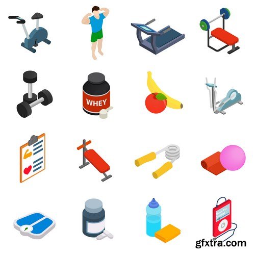 Fitness icons set, cartoon style 10X EPS