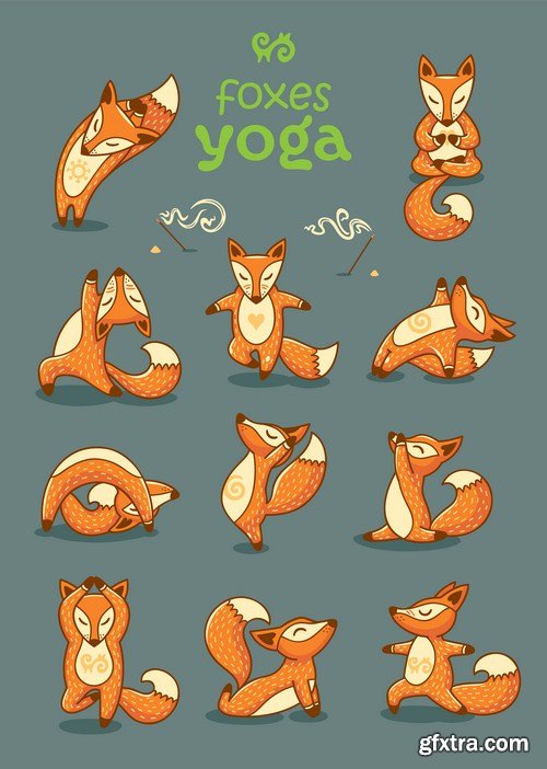 Cartoon foxes doing yoga poses card 8X EPS