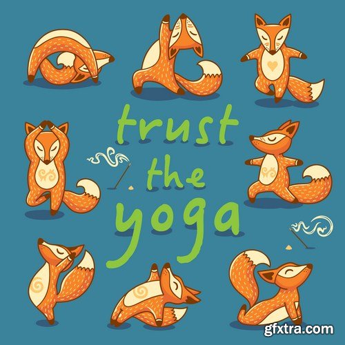 Cartoon foxes doing yoga poses card 8X EPS