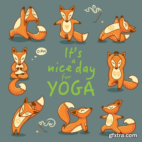 Cartoon foxes doing yoga poses card 8X EPS