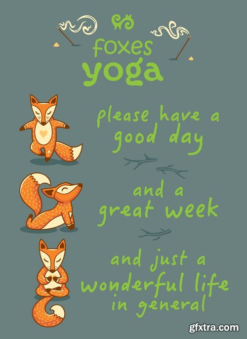 Cartoon foxes doing yoga poses card 8X EPS