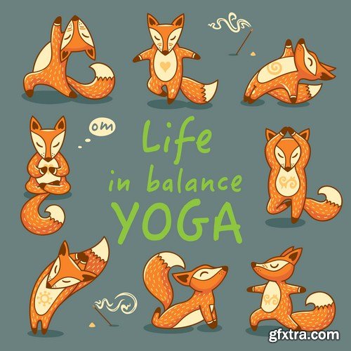 Cartoon foxes doing yoga poses card 8X EPS