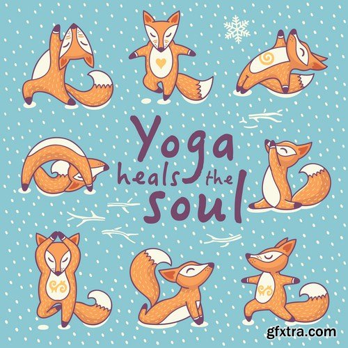 Cartoon foxes doing yoga poses card 8X EPS