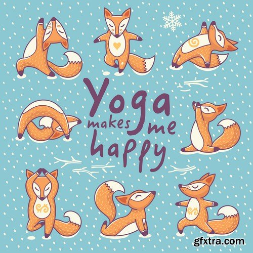 Cartoon foxes doing yoga poses card 8X EPS