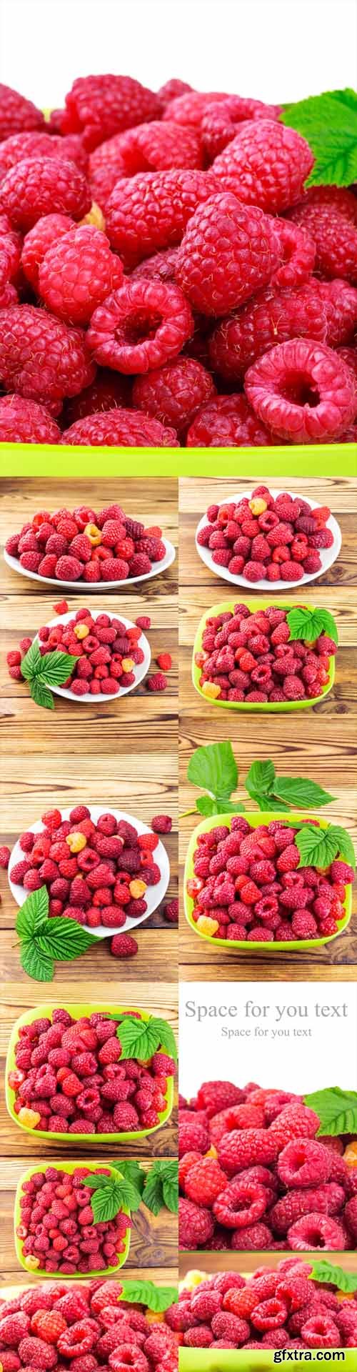 Photo Set - Bowl Full of Ripe Raspberries on Rustic Wooden Table