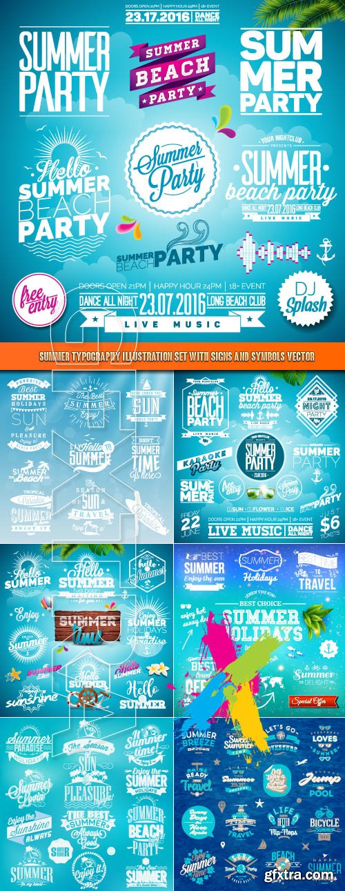 Summer Typography Illustration set with signs and symbols vector