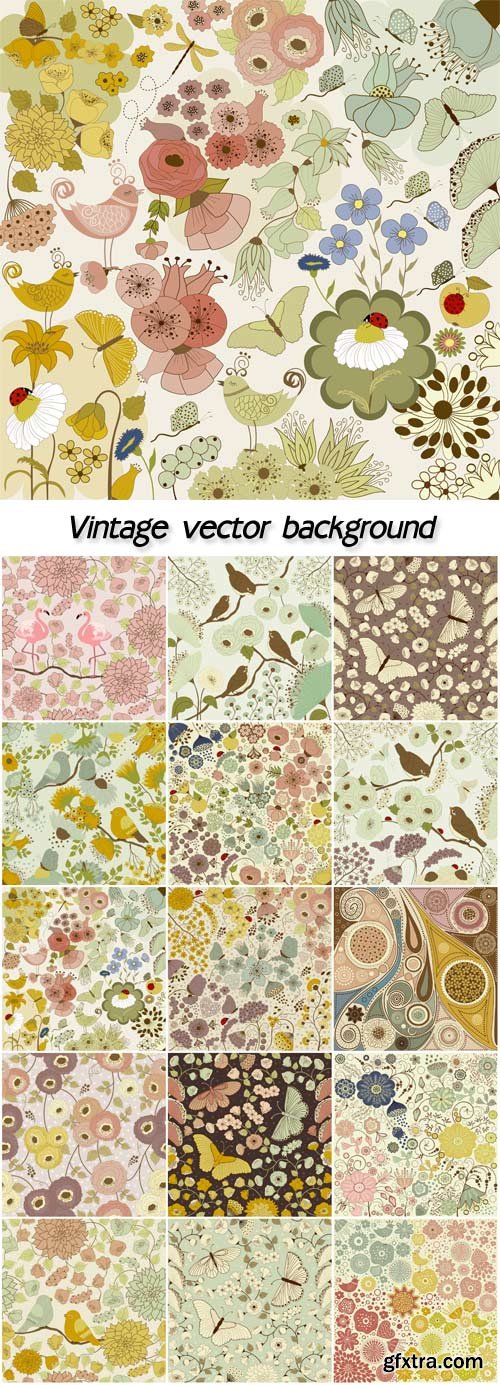 Vintage vector background with flowers, patterns and birds