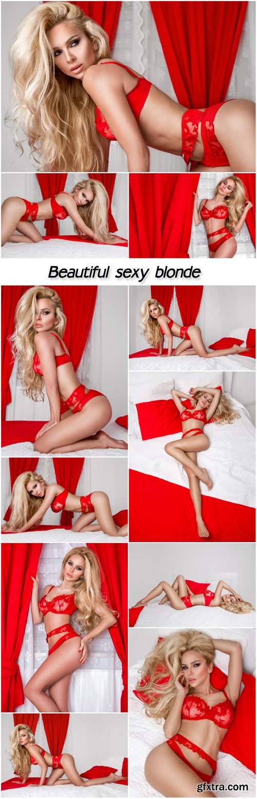 Beautiful sexy blonde with long hair lies in a red lace erotic underwear