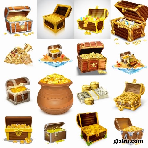 Collection chest of gold money coin cell games and children's illustration design 25 EPS