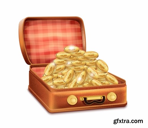 Collection chest of gold money coin cell games and children's illustration design 25 EPS