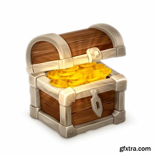 Collection chest of gold money coin cell games and children's illustration design 25 EPS