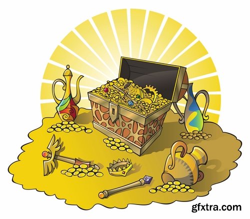 Collection chest of gold money coin cell games and children's illustration design 25 EPS