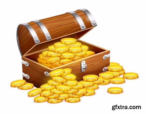 Collection chest of gold money coin cell games and children's illustration design 25 EPS