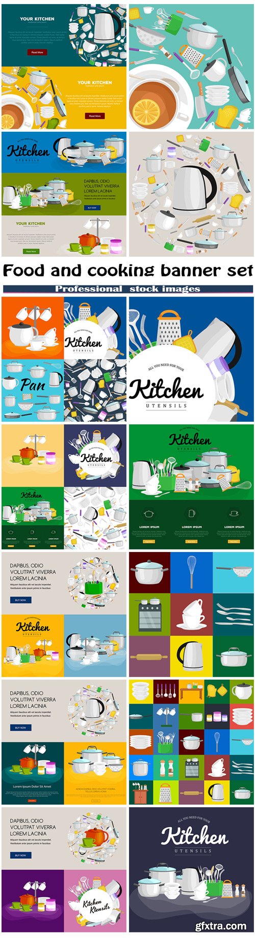 Food and cooking banner set and kitchenware utensils