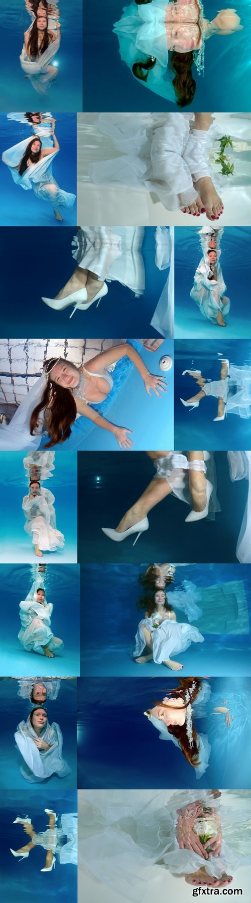 Bride's hands and feet, flowers, underwater wedding in pool