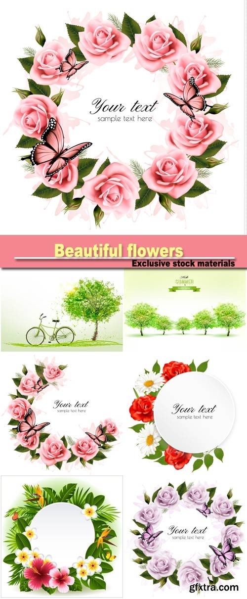 Holiday background with beautiful flowers and pink butterflies