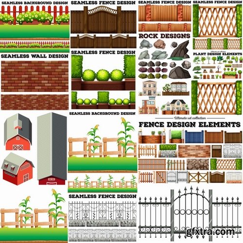 Collection of landscape design element decoration fence stone fence gate house 25 EPS