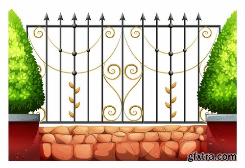 Collection of landscape design element decoration fence stone fence gate house 25 EPS