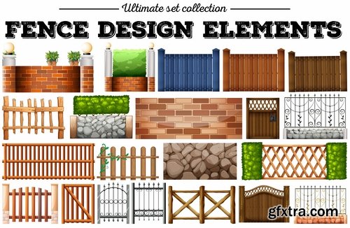 Collection of landscape design element decoration fence stone fence gate house 25 EPS