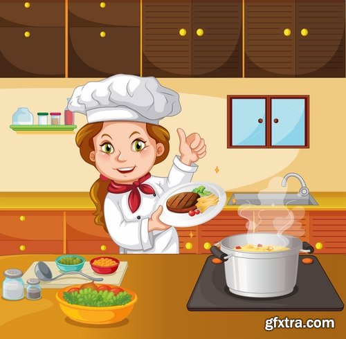 Collection a girl woman chef cartoon baby vector illustration picture 25 EPS