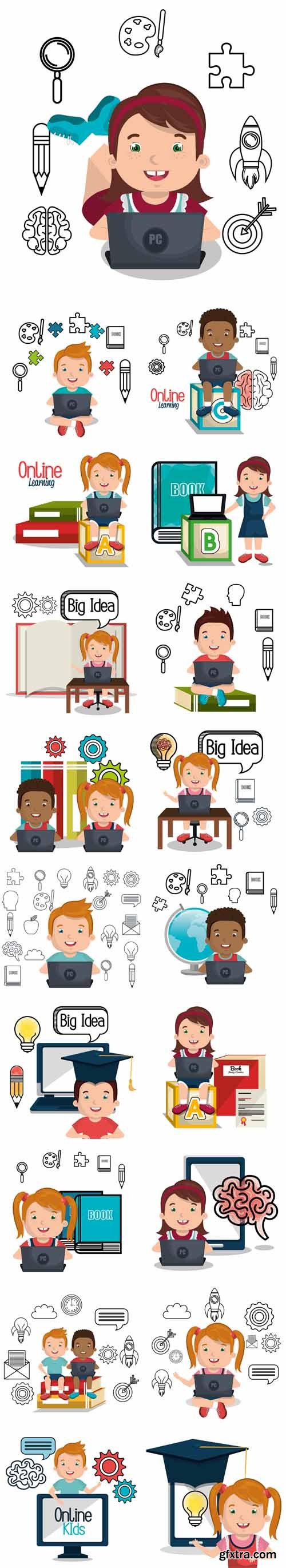 Vector Set - Boy and Girl Studying Online Isolated Icon Design