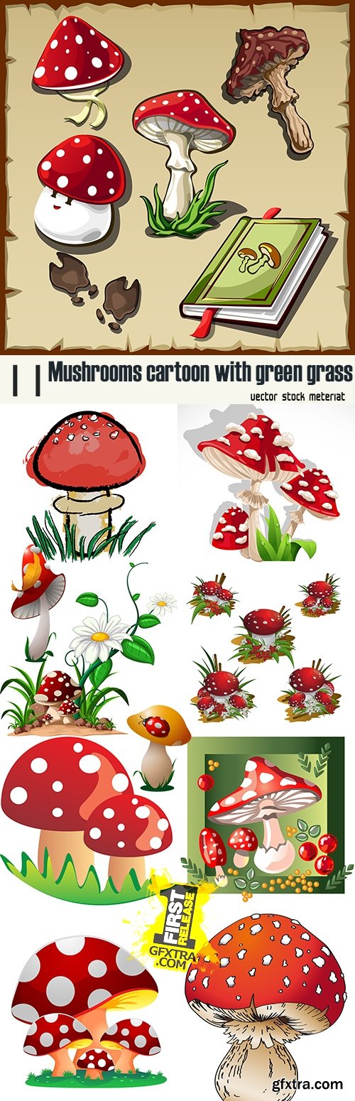 Mushrooms cartoon with green grass