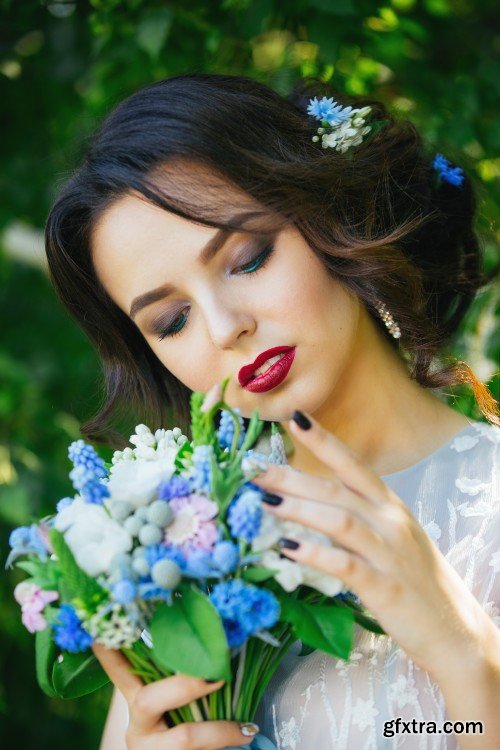 Beautiful bride, girl with flowers