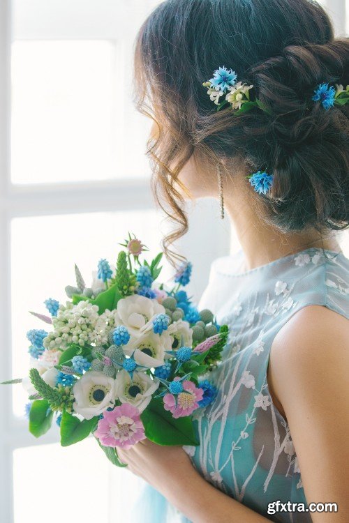 Beautiful bride, girl with flowers